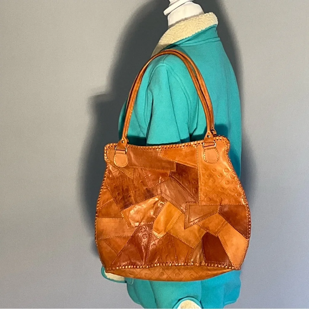 Handcrafted Patchwork Leather Tote Rose Appliqué Free People Anthro Festival - Picture 8 of 13